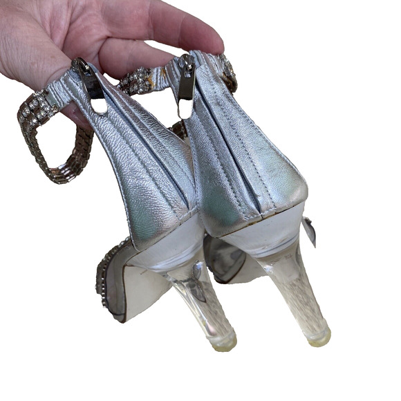 Valerie Stevens Lucite 2 Silver Rhinestones High Heels Ankle Strap Shoes US 8.5M - Picture 6 of 11